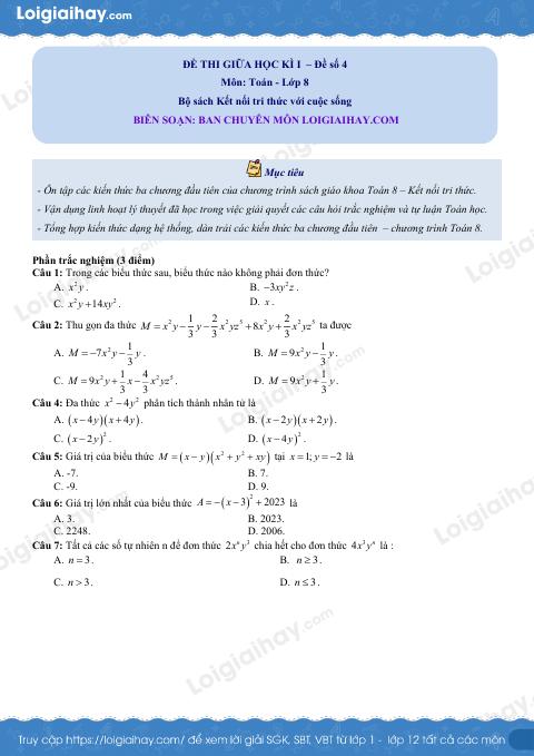Đề thi giữa kì 1 Toán 8 - Đề số 4 - Kết nối tri thức